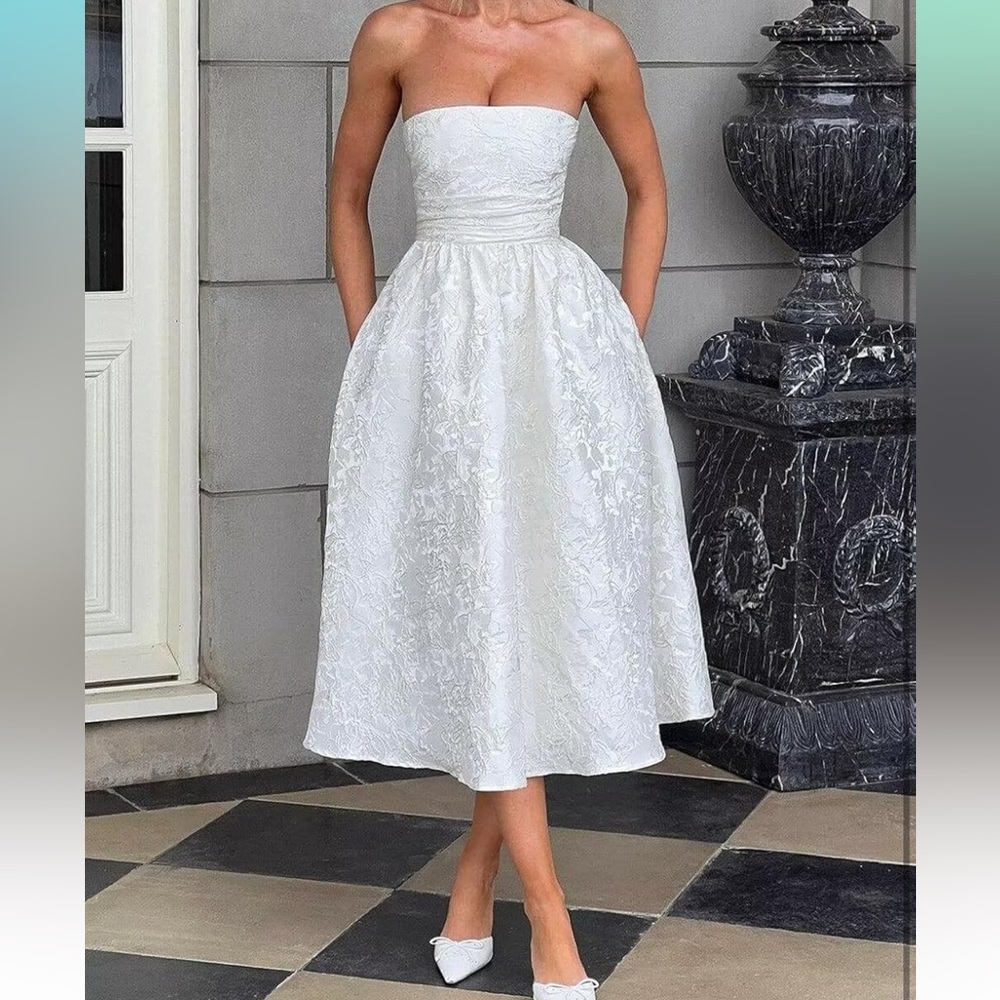 Strapless Jacquard Floral Corset Dress - White